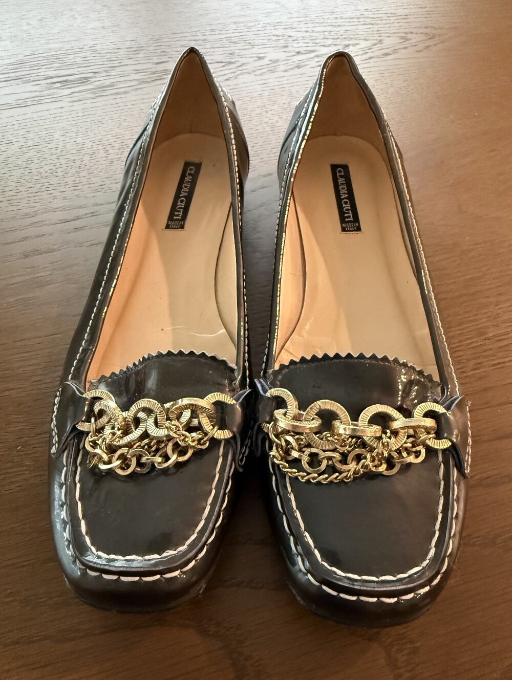 Claudia Ciuti Black Patent Leather Gold Chain Loafers Size 7.5 Made In Italy